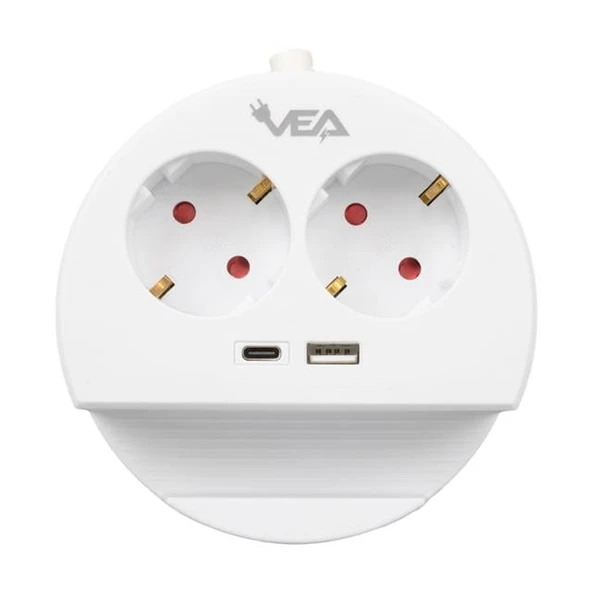 VEA  2'Lİ Telefon Standlı 1 Adet Usb 1 Adet Type-C Girişli 3680 Watt 16 Amper 1.5 Metre Kablolu Anahtarlı Çoklu Priz Golyat Fiş Priz - 1