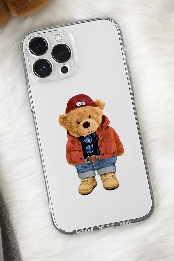 iPhone 15 Pro Uyumlu Teddy Bear Desenli Premium Silikonlu Şeffaf Telefon Kılıfı ürün görseli