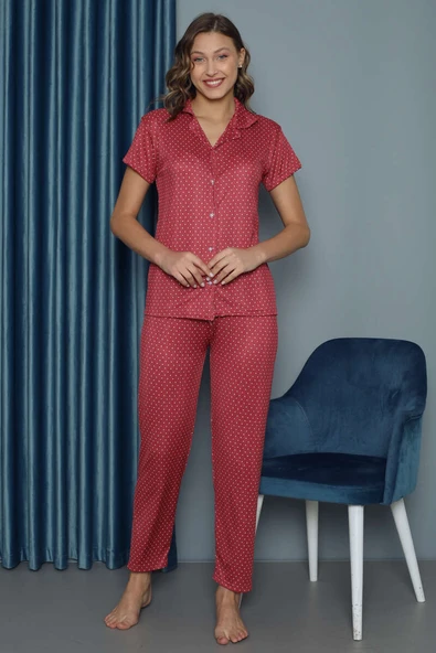 Puantiye Desenli Kısa Kol Kadın Pijama Takımı Gül Kurusu - Resim 2