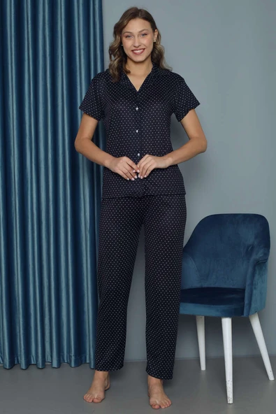 Puantiye Desenli Kısa Kol Kadın Pijama Takımı Lacivert - Resim 2