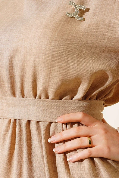 Kuşaklı Kat Keten Elbise Latte - Resim 4