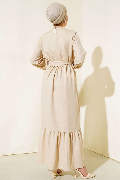 Kuşaklı Kat Keten Elbise Bej - Resim 3