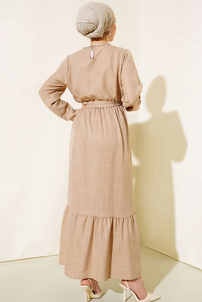 Kuşaklı Kat Keten Elbise Latte - Resim 2