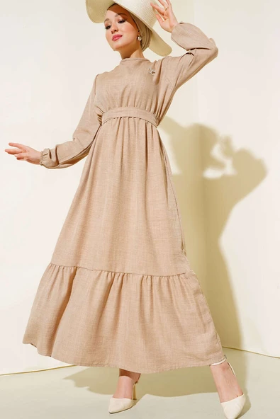 Kuşaklı Kat Keten Elbise Latte ürün görseli 1