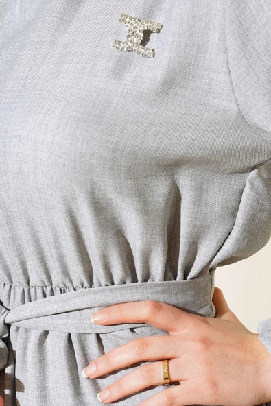 Kuşaklı Kat Keten Elbise Gri - Resim 4