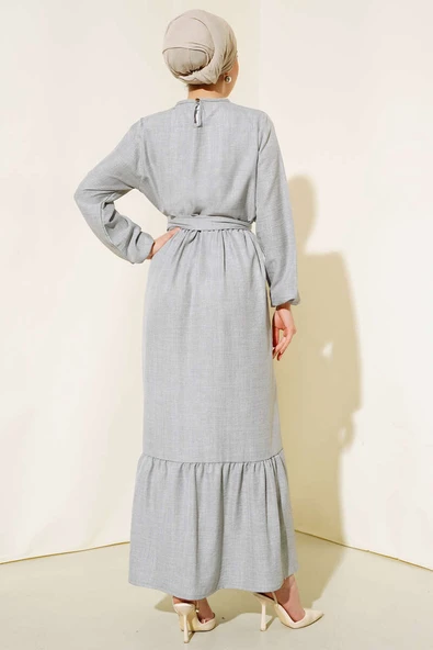 Kuşaklı Kat Keten Elbise Gri - Resim 3