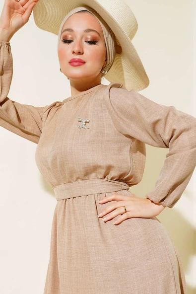 Kuşaklı Kat Keten Elbise Latte - Resim 3