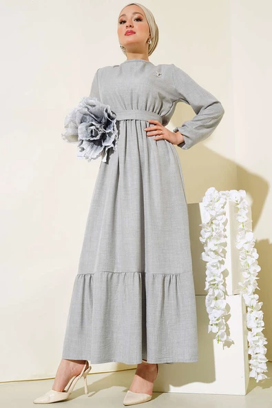 Kuşaklı Kat Keten Elbise Gri ürün görseli 1