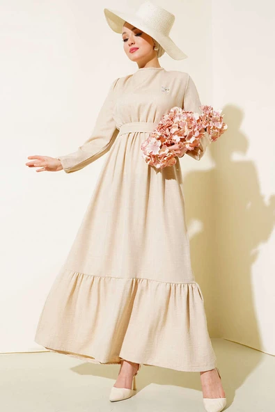 Kuşaklı Kat Keten Elbise Bej - Resim 2