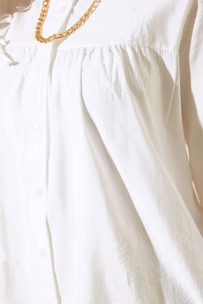 Yakası Zincirli Manşet Bağcıklı Gömlek Ekru - Resim 4