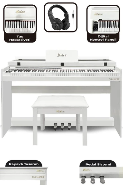 Midex PLX-140 PRO-WH Dijital Piyano Tuş Hassasiyetli Bluetooth 88 Tuşlu Kapaklı (Kulaklık ve Tabure) - Resim 3