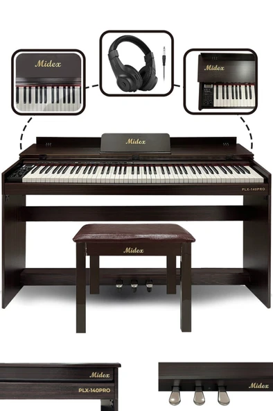 Midex PLX-140 PRO-SR Dijital Piyano Bluetooth Tuş Hassasiyeti 88 Tuşlu Kapaklı (Kulaklık ve Tabure) ürün görseli