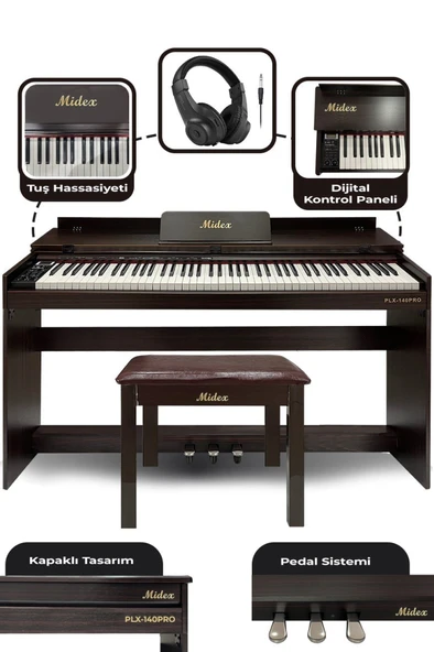Midex PLX-140 PRO-SR Dijital Piyano Bluetooth Tuş Hassasiyeti 88 Tuşlu Kapaklı (Kulaklık ve Tabure) - Resim 3