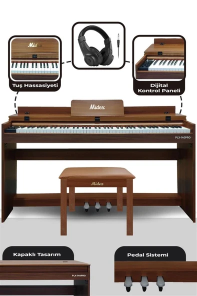Midex PLX-140 PRO-OR Dijital Piyano Bluetooth Tuş Hassasiyeti 88 Tuşlu Kapaklı (Kulaklık ve Tabure) - Resim 3