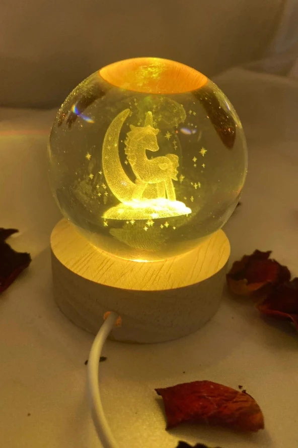 3D Led Işık Cam Küre Çok Işıklı Ahşap Unicorn 6 cm