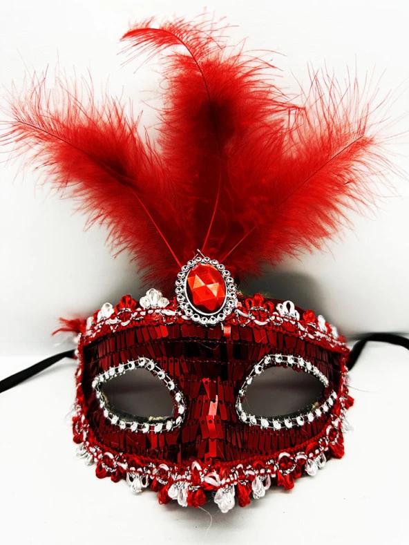 Kırmızı Renk Payetli Pullu Tüylü Parti Maskesi 17x20 cm (4401)