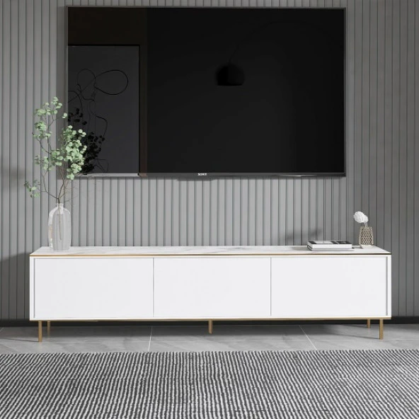 BMdekor TV Sehpası Kozan Beyaz Mermer Desen Gold 180 cm - 2