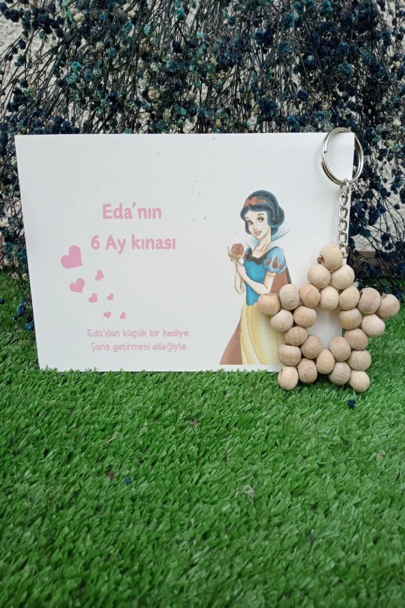 10 Adet Pamuk Prenses Kartlı Ahşap Naturel Yıldız Anahtarlık - Bebek Hediyesi - Kişisel Yazı Eklenir - 2