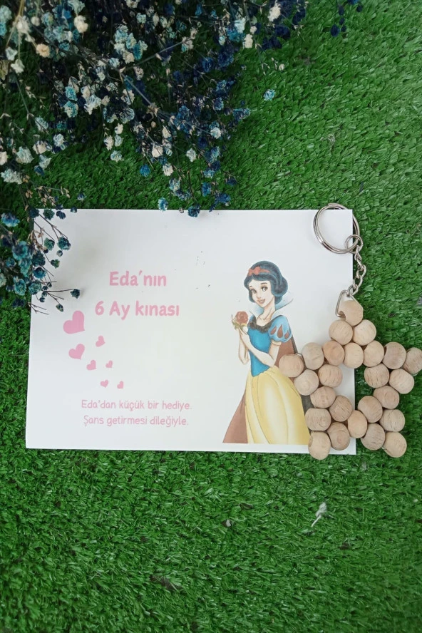 10 Adet Pamuk Prenses Kartlı Ahşap Naturel Yıldız Anahtarlık - Bebek Hediyesi - Kişisel Yazı Eklenir - 3