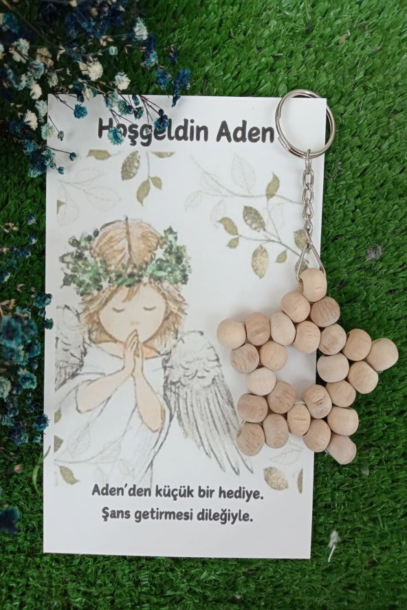 10 Adet Melek Kartlı Ahşap Yıldız Anahtarlık - Bebek Hediyesi - Yenidoğan Hediye - Mevlid  - Kişisel - 2