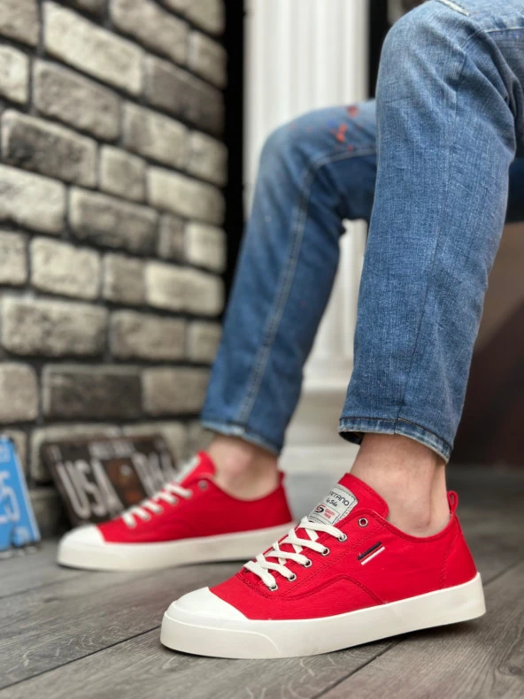 BA0223 BOA Rahat Düz Taban Keten Bağcıklı Kırmızı Günlük Erkek Ayakkabı - Resim 2