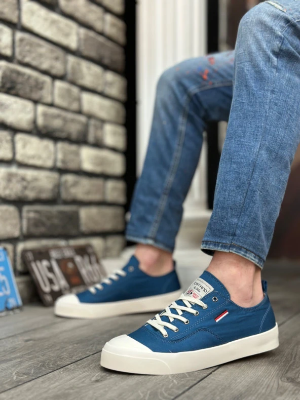 BA0223 BOA Rahat Düz Taban Keten Bağcıklı Mavi Günlük Erkek Ayakkabı - Resim 2