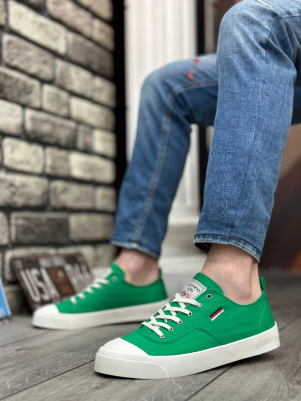 BA0223 BOA Rahat Düz Taban Keten Bağcıklı Yeşil Günlük Erkek Ayakkabı - Resim 2