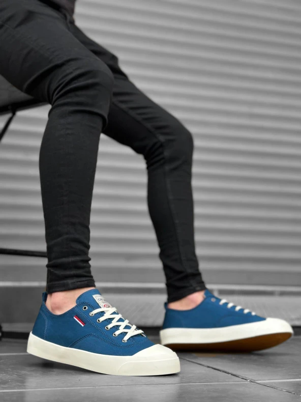 BA0223 BOA Rahat Düz Taban Keten Bağcıklı Mavi Günlük Erkek Ayakkabı - Resim 4