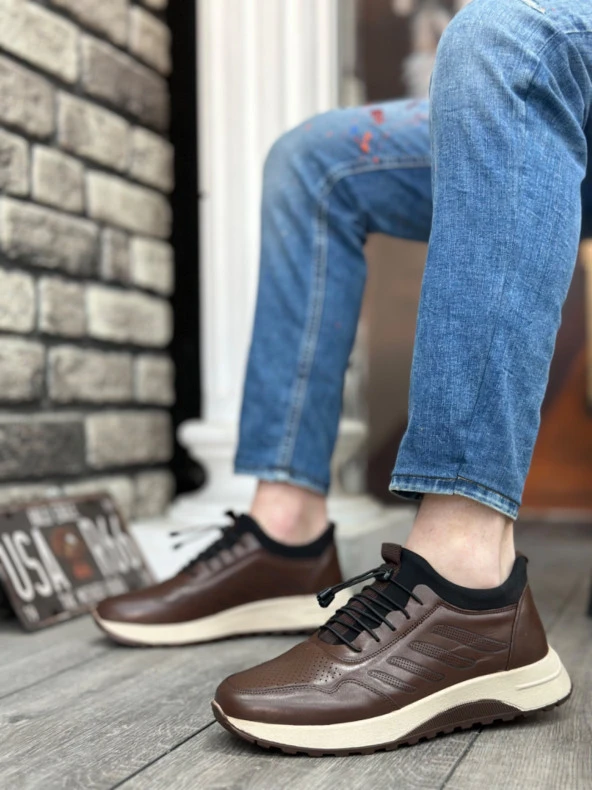 BA0335 Hakiki Deri Rahat Taban Ayarlanabilir Lastik Bağcıklı Kahverengi Casual Erkek Ayakkabı - Resim 2
