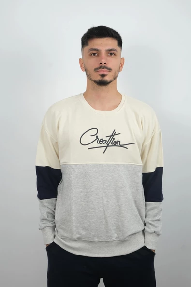 Erkek Sıfır Yaka Çizgili Sweatshirt Creattion Krem