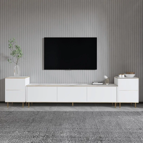 BMdekor TV Sehpası Kozan Set Beyaz Mermer Desen Gold 260 cm - 2