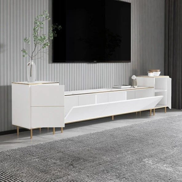 BMdekor TV Sehpası Kozan Set Beyaz Mermer Desen Gold 260 cm - 3