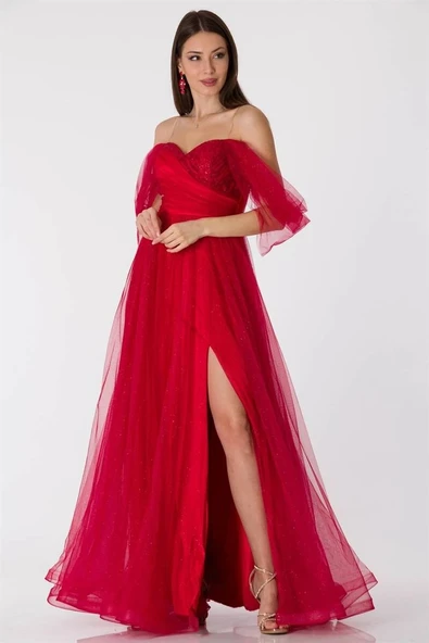 Kadın Işıltılı Yırtmaçlı Tül Detay Abiye - Resim 5