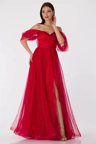 Kadın Işıltılı Yırtmaçlı Tül Detay Abiye ürün görseli