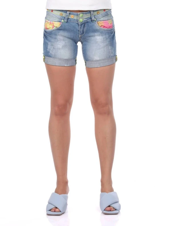 Kadın Cebi Garnili Mini Jean Şort Mavi
