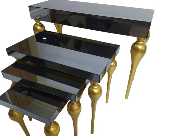 Dresuar-Zigon 18216 Tombul ayak Model Kayın MDF tabla Parlak gold Füme cam kaplam - Resim 2