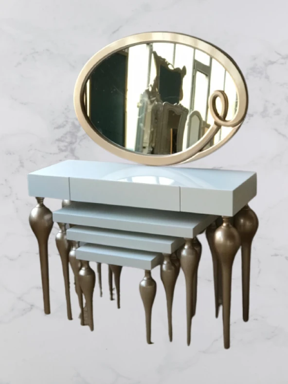 Dresuar-Tombu 18217 Zigon İmza Oval ayna Kayın MDF ayak Tabla Gold-Beyaz UYUM - 4