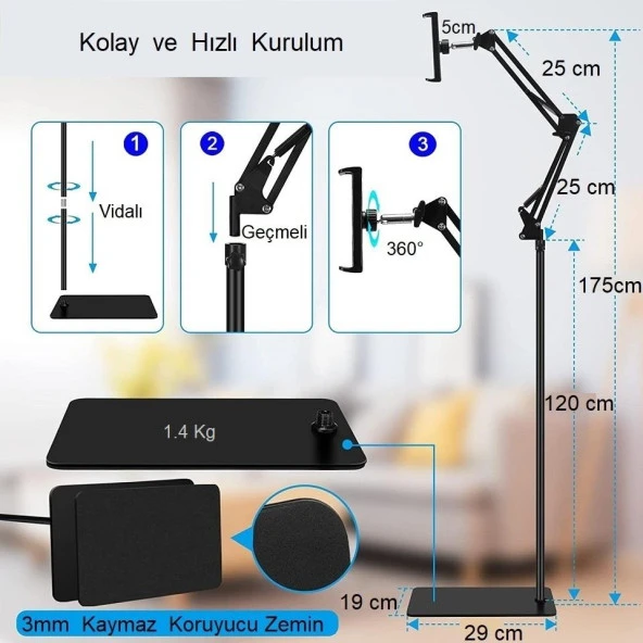 UpWay Tablet Telefon Zemin Standı 175cm Universal 360 Derece Hareketli 4-11 inç Uyumlu - 6