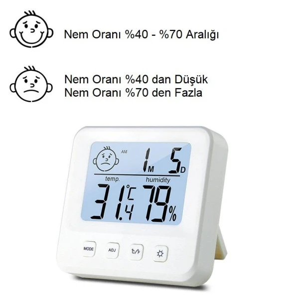 UpWay Dijital LCD Masaüstü Saat Sıcaklık Nem Konfor Alarm Led Işıklı Mini Saat - 2