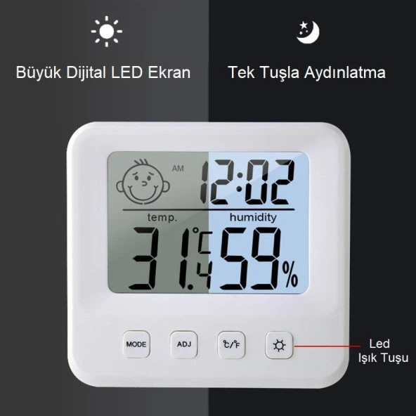 UpWay Dijital LCD Masaüstü Saat Sıcaklık Nem Konfor Alarm Led Işıklı Mini Saat - 3