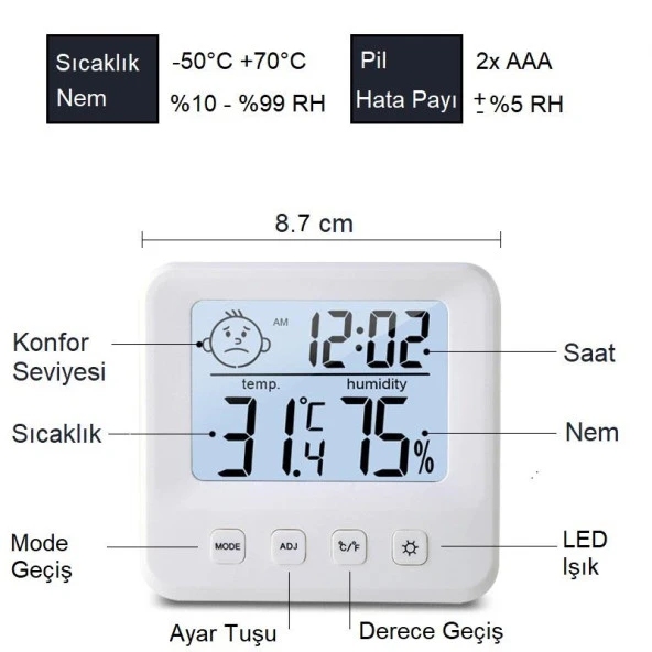 UpWay Dijital LCD Masaüstü Saat Sıcaklık Nem Konfor Alarm Led Işıklı Mini Saat - 4