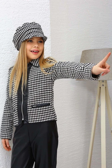 Kız Çocuk Şanel Kumaş Ceket ve Deri Pantolon Siyah Alt Üst Takım - 3