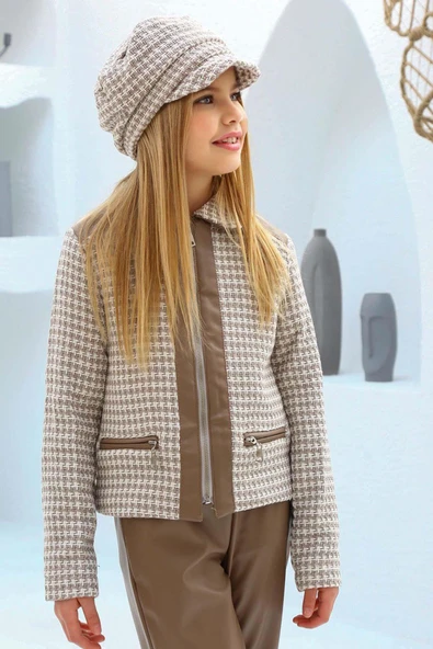 Kız Çocuk Şanel Kumaş Ceket ve Deri Pantolon Kahverengi Alt Üst Takım - 4