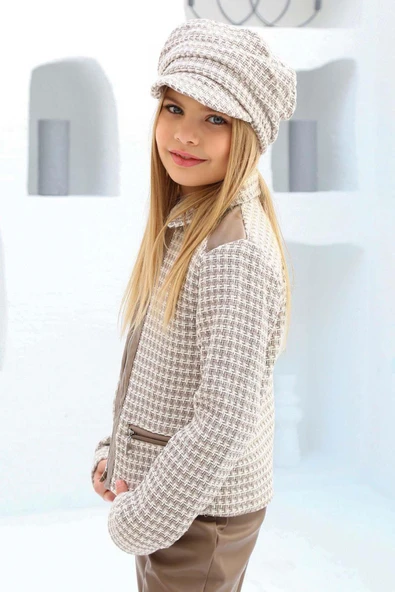 Kız Çocuk Şanel Kumaş Ceket ve Deri Pantolon Kahverengi Alt Üst Takım - 3