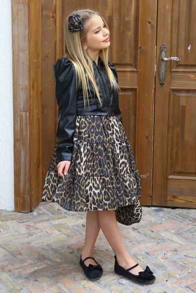 Kız Çocuk Leopar Desenli Siyah Deri Ceketli Elbise - 4