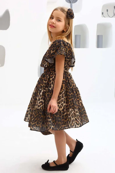 Kız Çocuk Leopar Desenli Siyah Deri Ceketli Elbise - 3