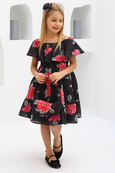 Kız Çocuk Çiçek Desenli Bordo Deri Ceketli Elbise - 4