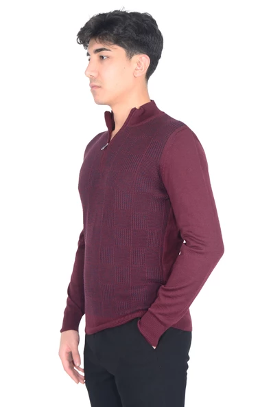 Cengiz İnler Yarım Balıkçı Yaka Fermuarlı Kare Desen Yünlü Erkek Triko Kazak - 11