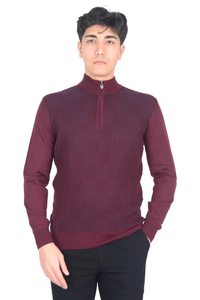 Cengiz İnler Yarım Balıkçı Yaka Fermuarlı Kare Desen Yünlü Erkek Triko Kazak - 3