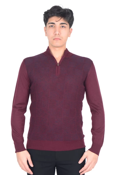 Cengiz İnler Yarım Balıkçı Yaka Fermuarlı Kare Desen Yünlü Erkek Triko Kazak - 10